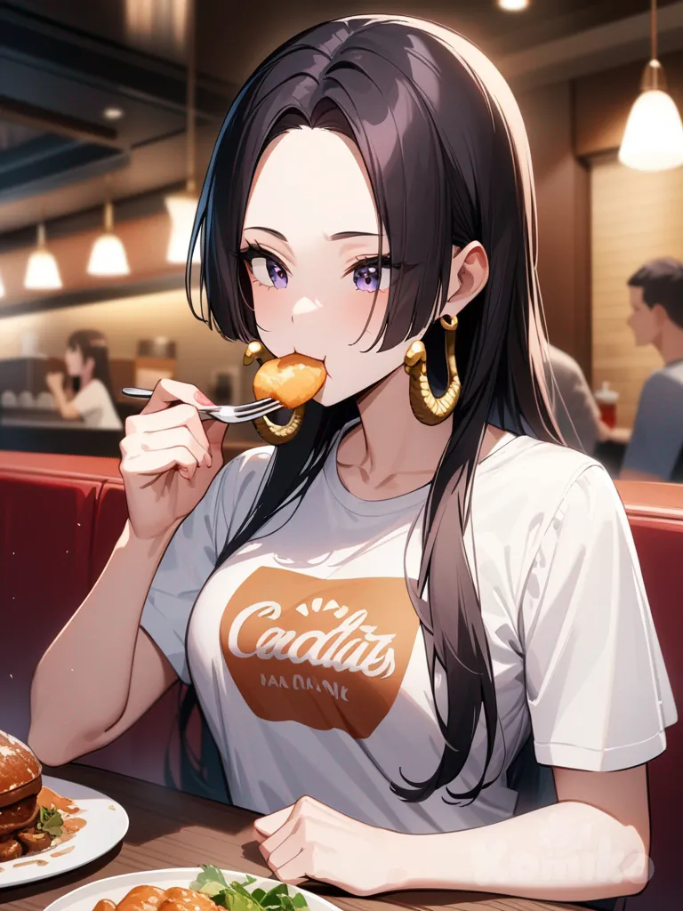 boa hancock, eating, t-shirt, upper body, restaurant