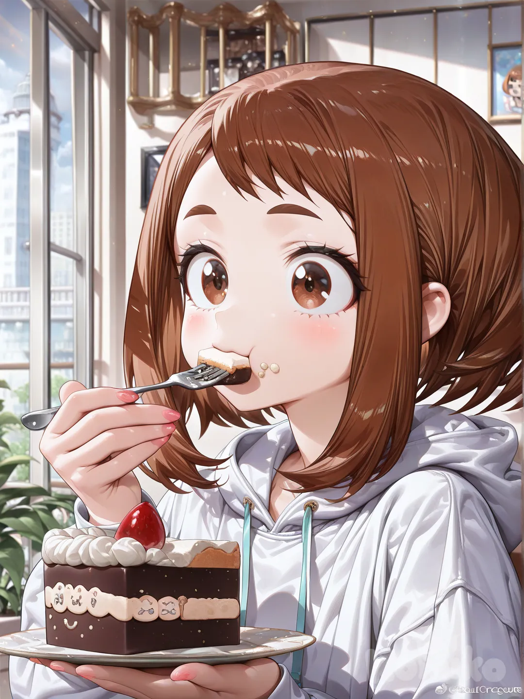 Uraraka Ochako, [high-gloss-illustration-style], eating cake, hoodie, upper body