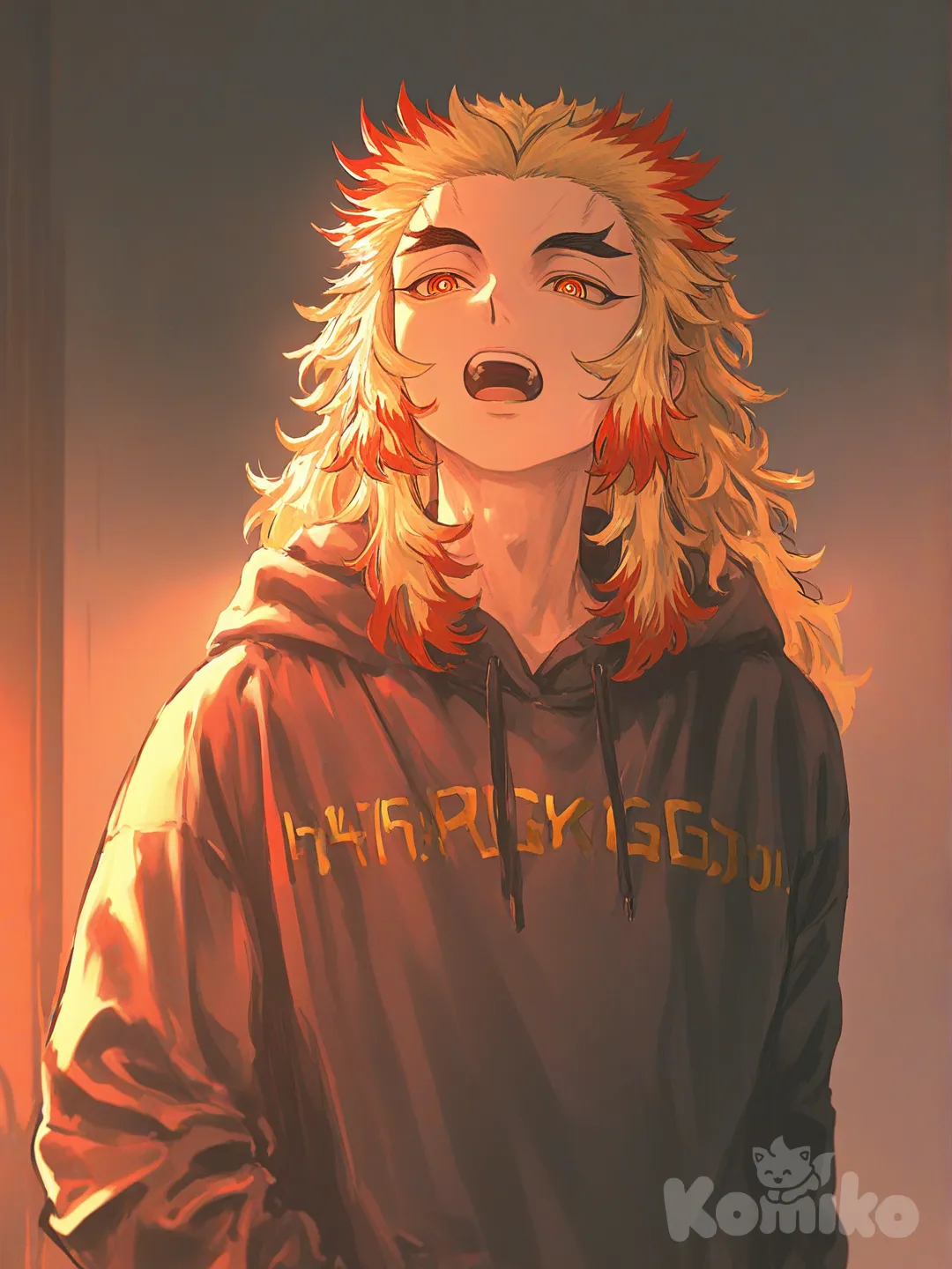 Rengoku Kyoujurou, [sweet-painting-style], singing, hoodie, upper body,1man
