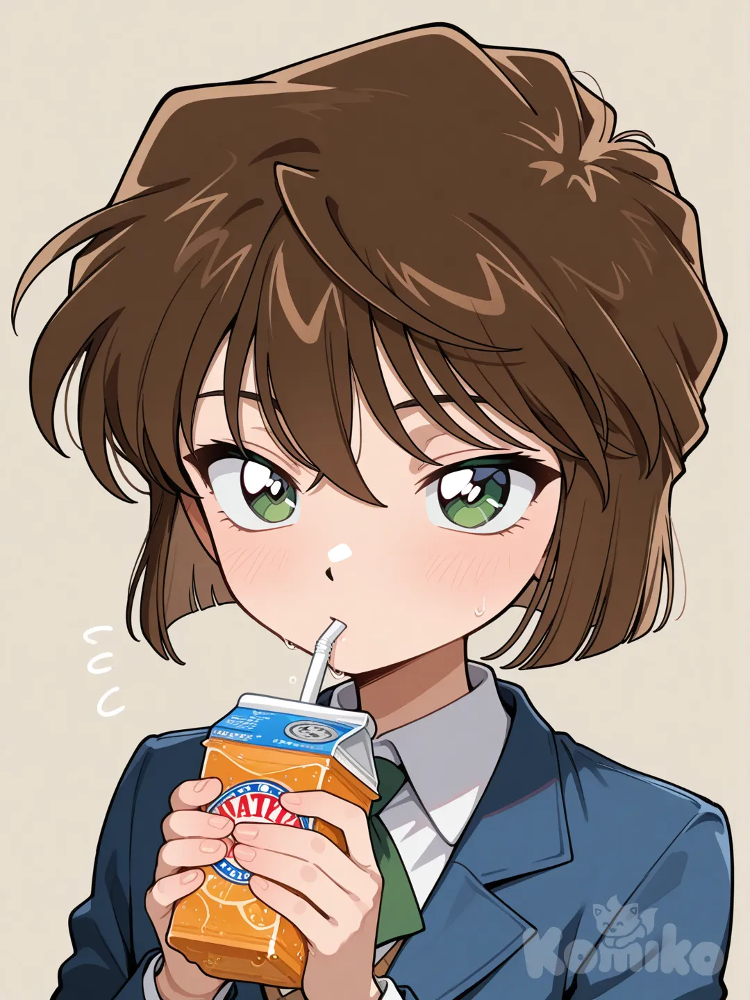 Ai haibara, detective Conan, [glossy-anime-style], drinking juice, school uniform, upper body