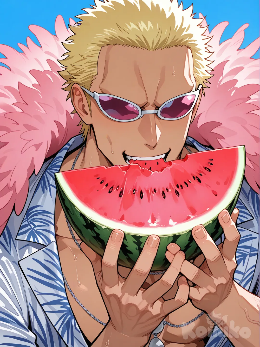 Donquixote Doflamingo, [glossy-anime-style], sunglasses,eating watermelon, summer outfit, 1man