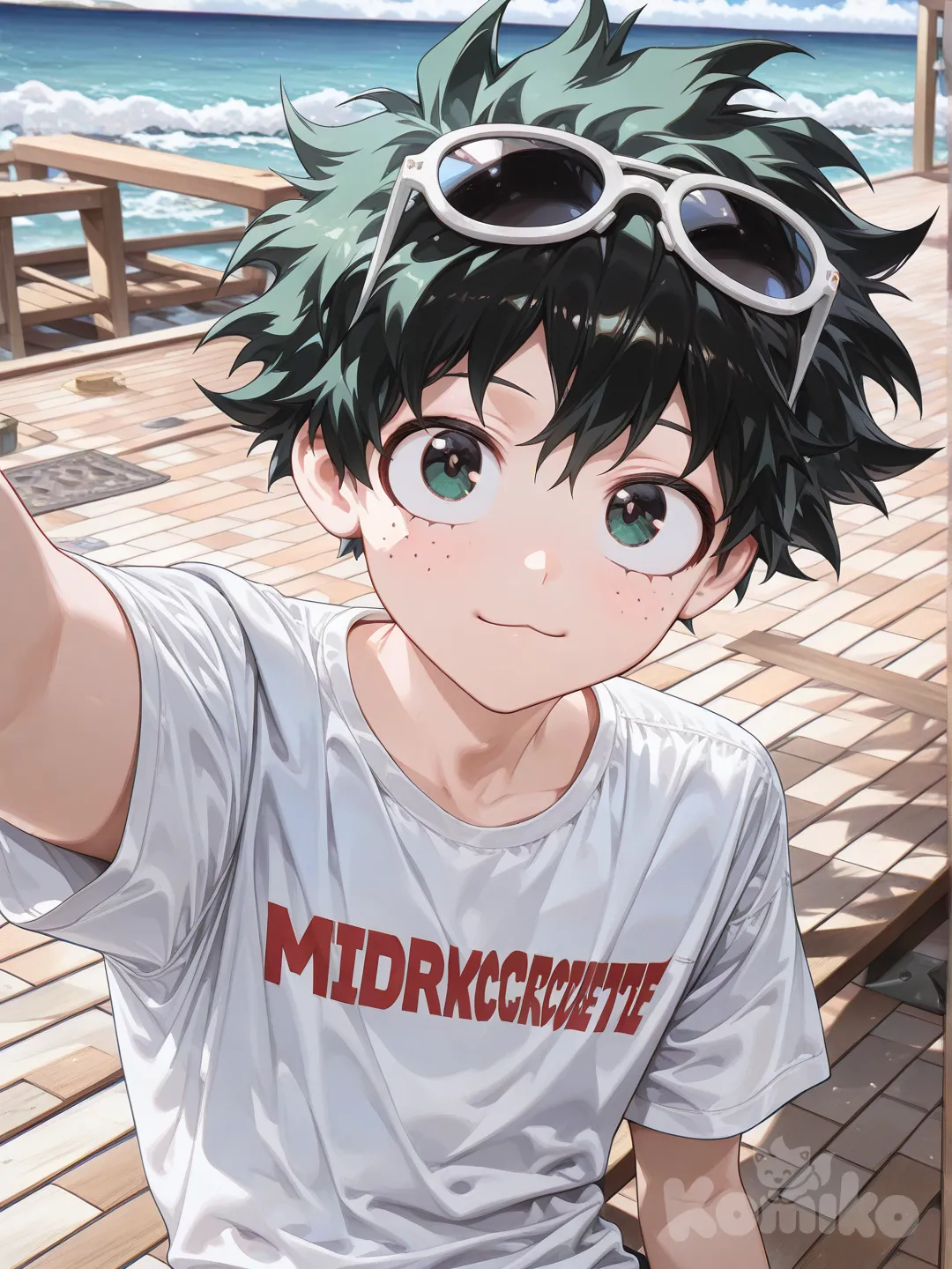 midoriya izuku, [high-gloss-illustration-style], eyewear on head, t-shirt, selfie, pier, 1boy