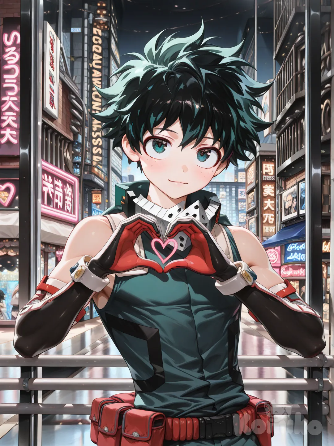 midoriya izuku, [high-gloss-illustration-style], elbow gloves, bare shoulders, heart hands, neon lights, cityscape,1boy