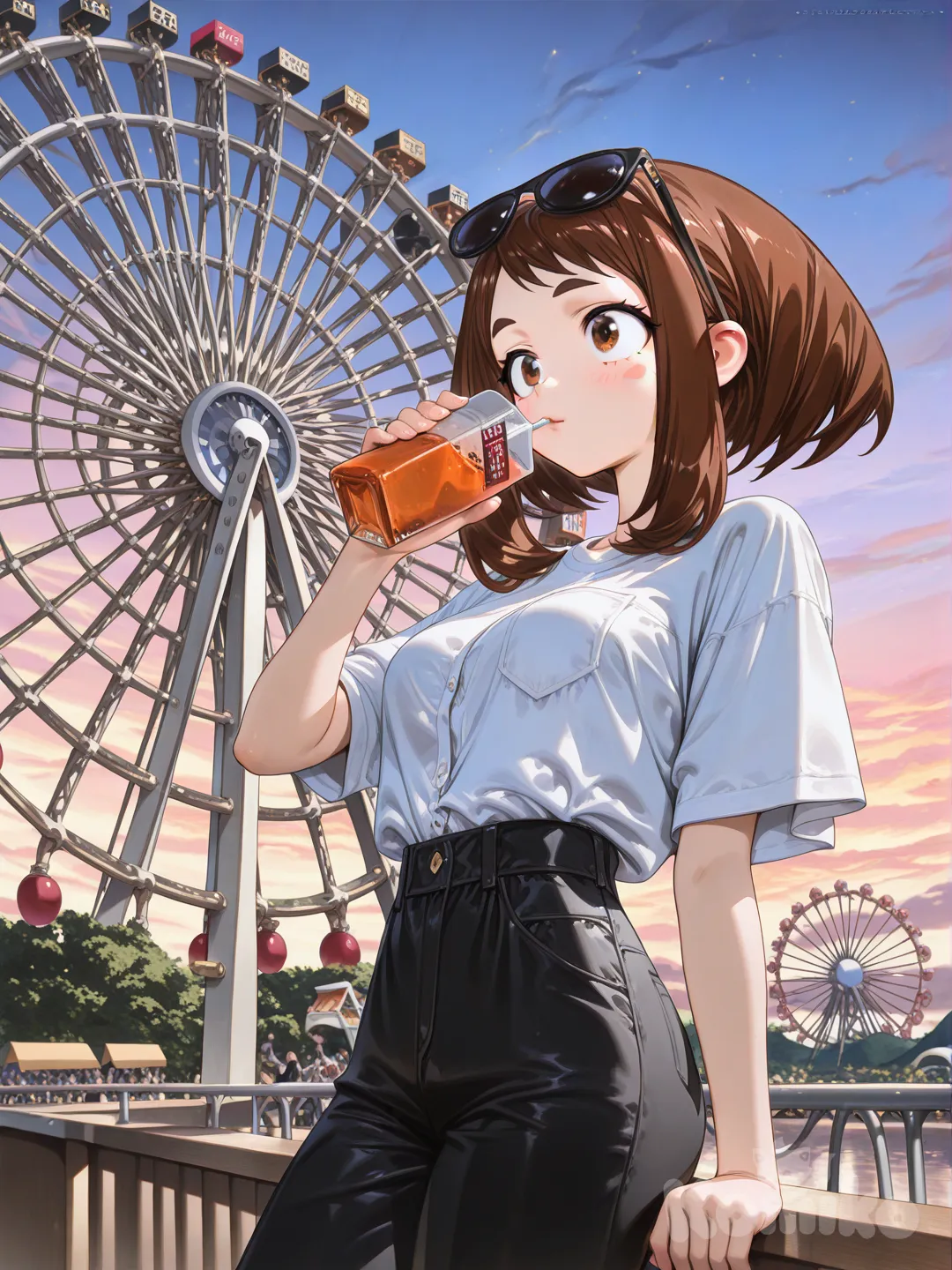 Uraraka Ochako, [high-gloss-illustration-style], eyewear on head, shirt, pants, drinking juice, twilight, ferris wheel