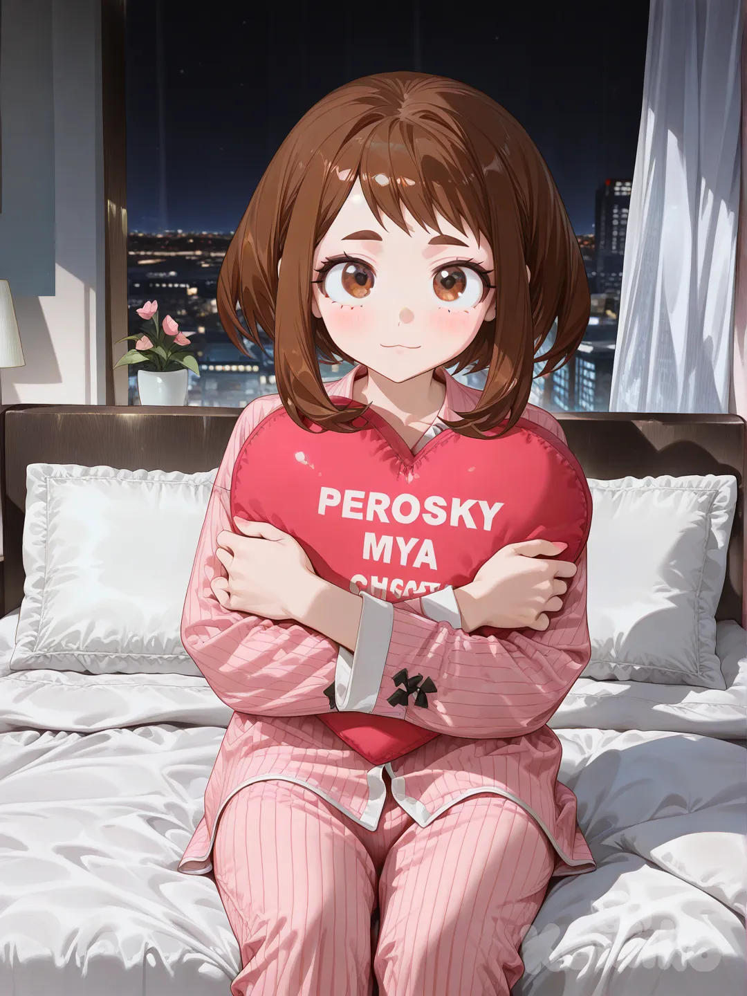 Uraraka Ochako, [high-gloss-illustration-style], hugging heart-shaped pillow, pajamas, bedroom, night