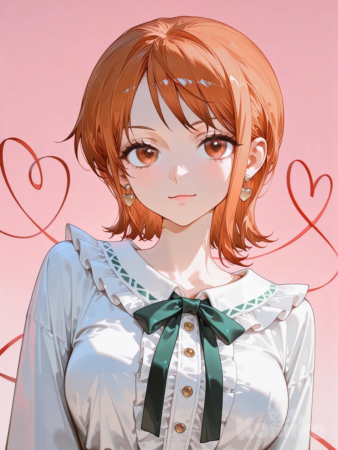 Nami (One Piece), [high-gloss-illustration-style], frilled shirt, frilled shirt collar, heart of string, heart earrings, upper body, pink background