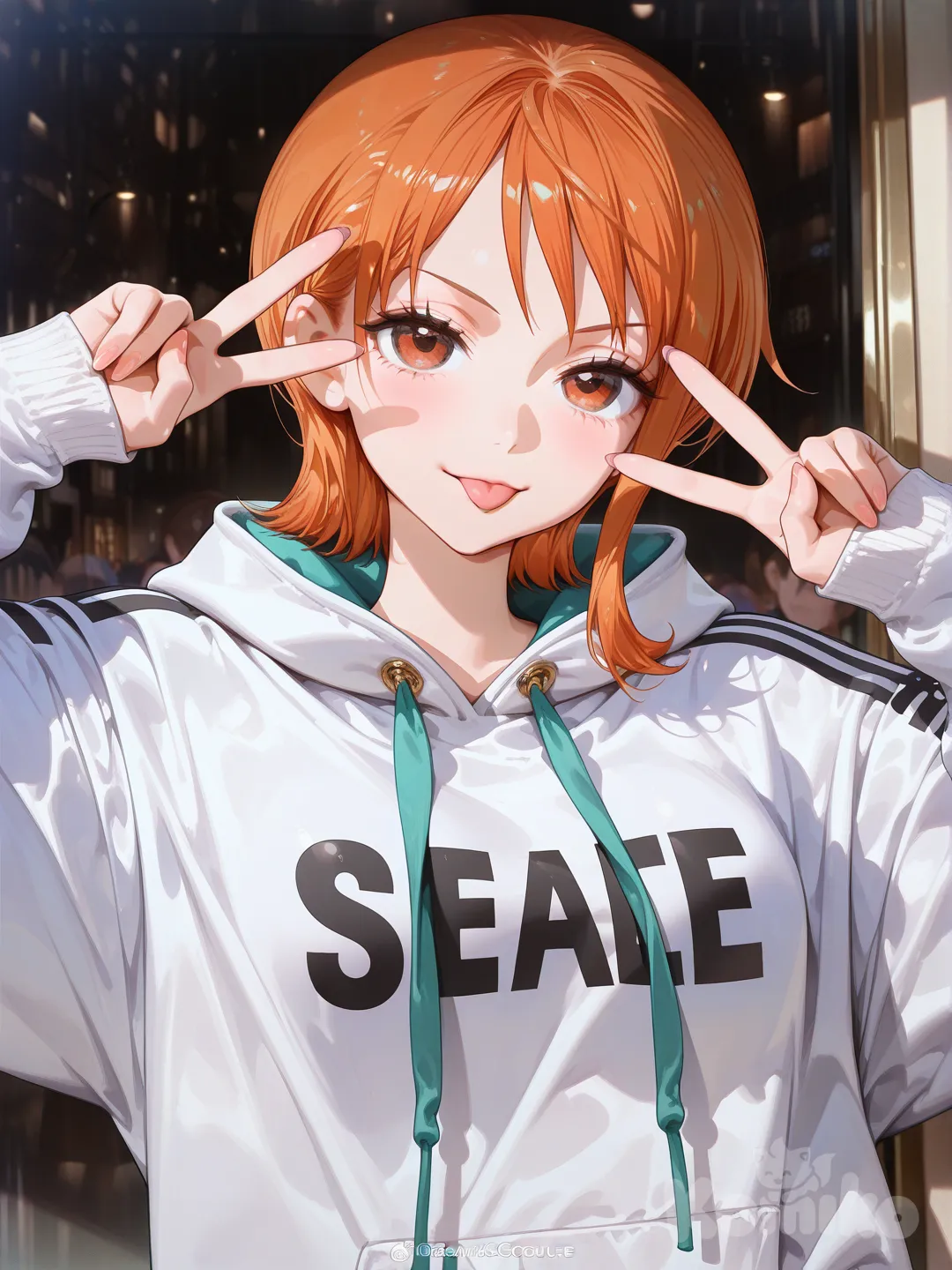 Nami (One Piece), [high-gloss-illustration-style], tongue out, v sign, hoodie, upper body