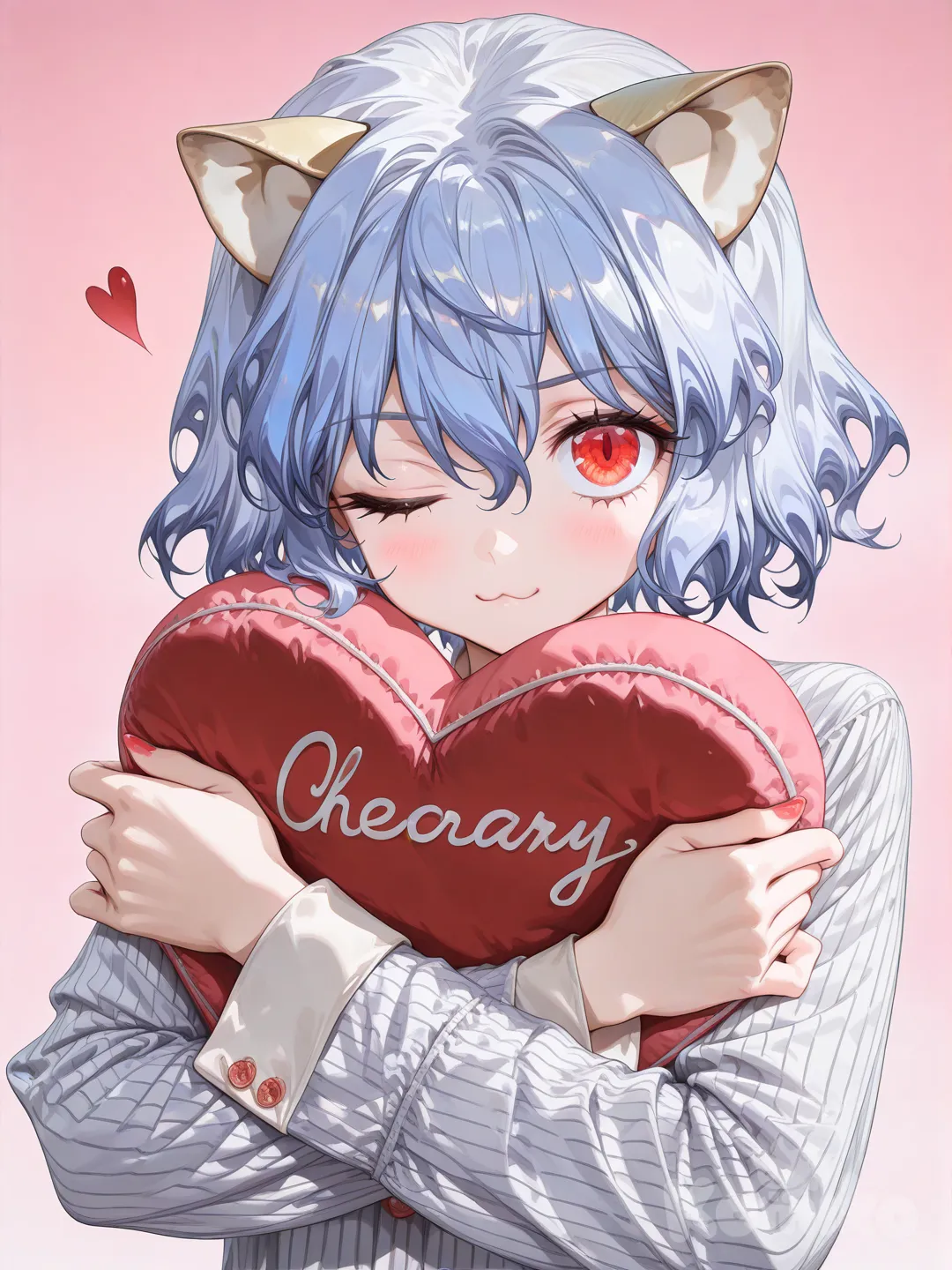 Neferpitou, [high-gloss-illustration-style], hugging heart-shaped pillow, pajamas, upper body, one eye closed, simple background