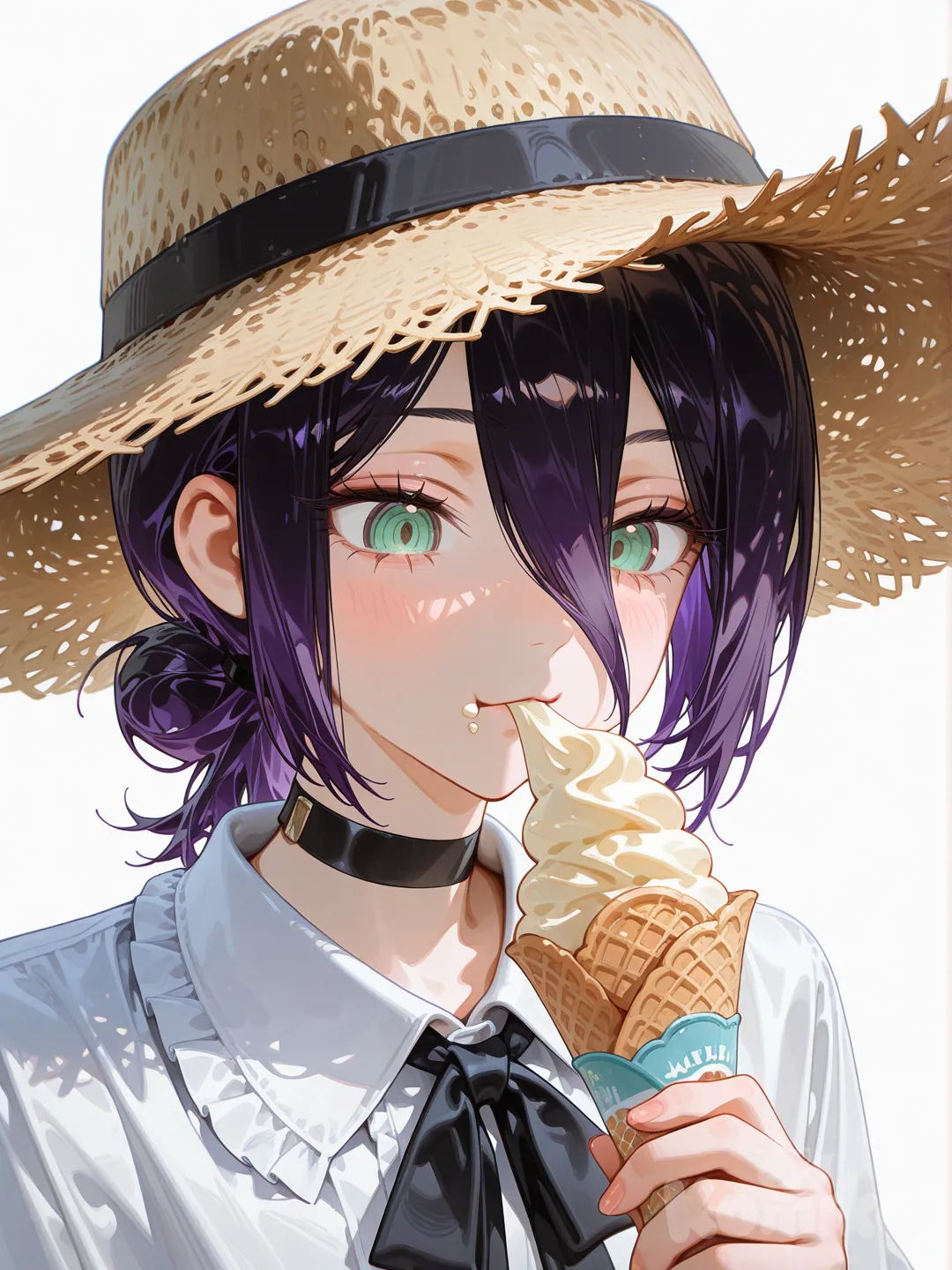 Reze (Chainsaw Man), [high-gloss-illustration-style], straw hat, eating ice cream, frilled shirt collar, frilled shirt, upper body, simple background