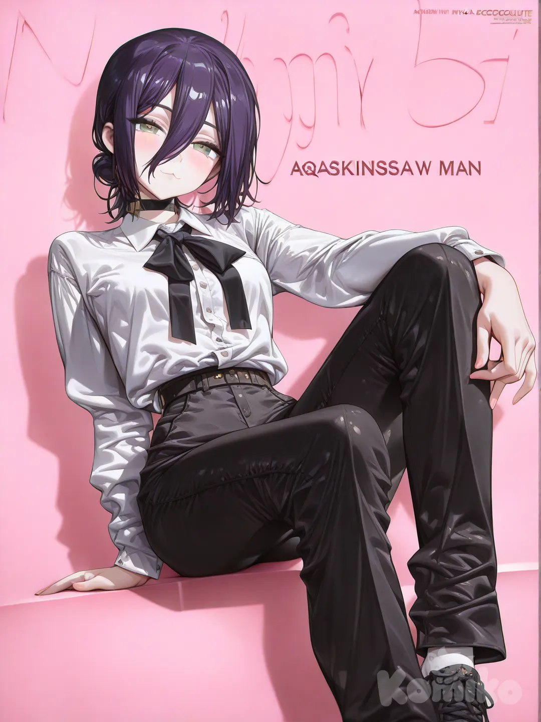 Reze (Chainsaw Man), [high-gloss-illustration-style], single kneehigh, shirt, pants, pink background
