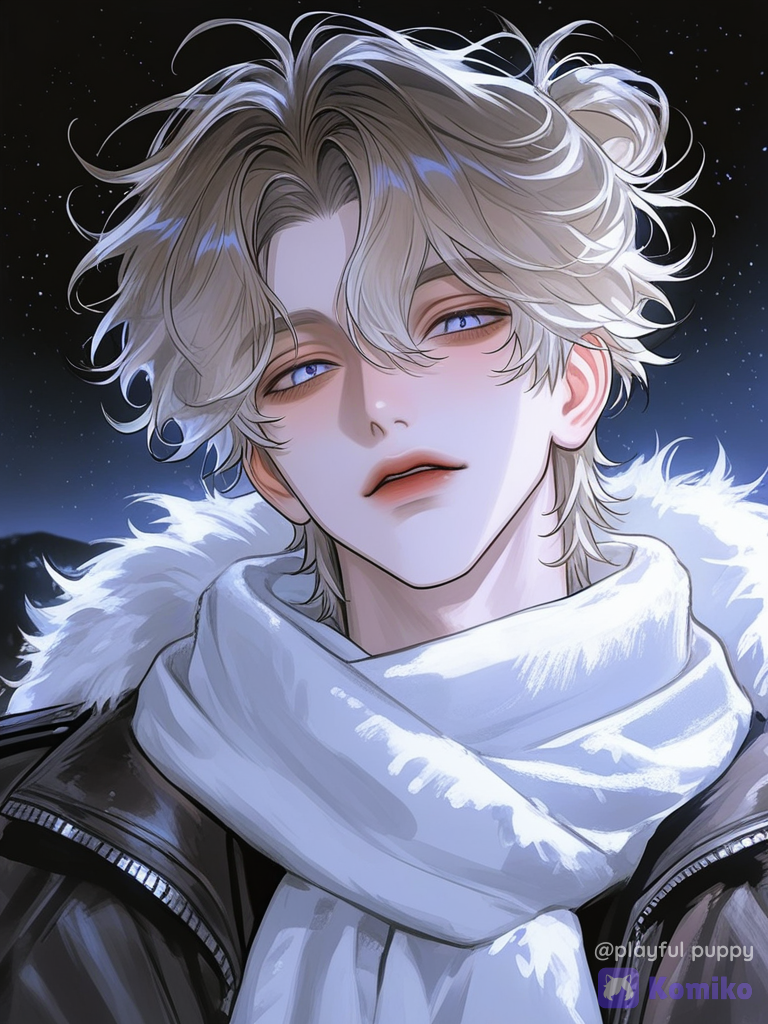[polished-illustration-style], 1boy criminal, head tilt, sherpa, scarf, bun, portrait, rim light, starry sky