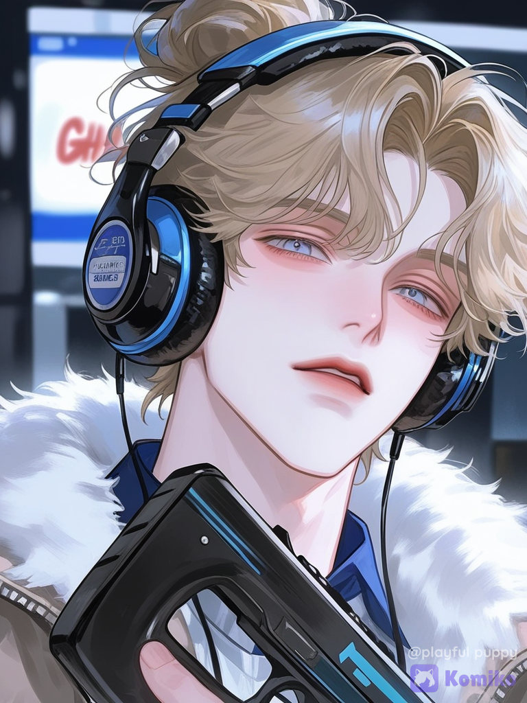 [polished-illustration-style], 1boy, holding gun, sherpa, headphones, bun, portrait, rim light, convenience store