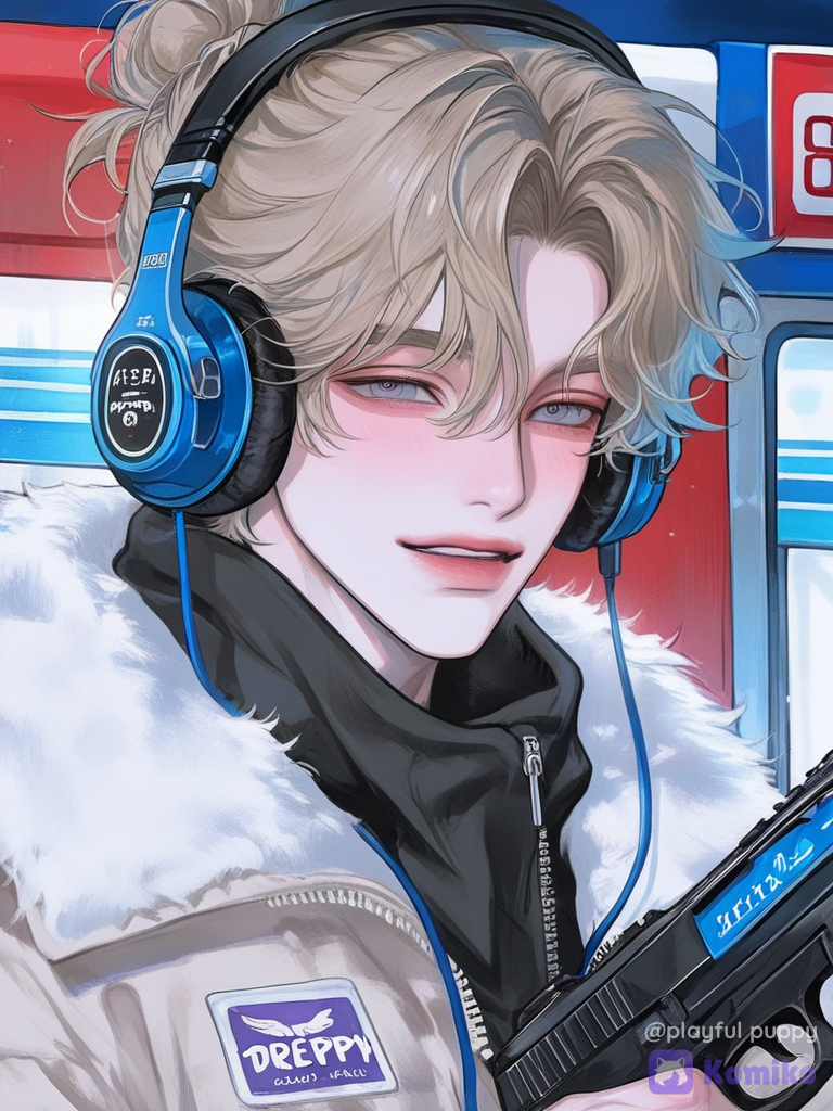[polished-illustration-style], 1boy, holding gun, sherpa, headphones, bun, portrait, rim light, convenience store