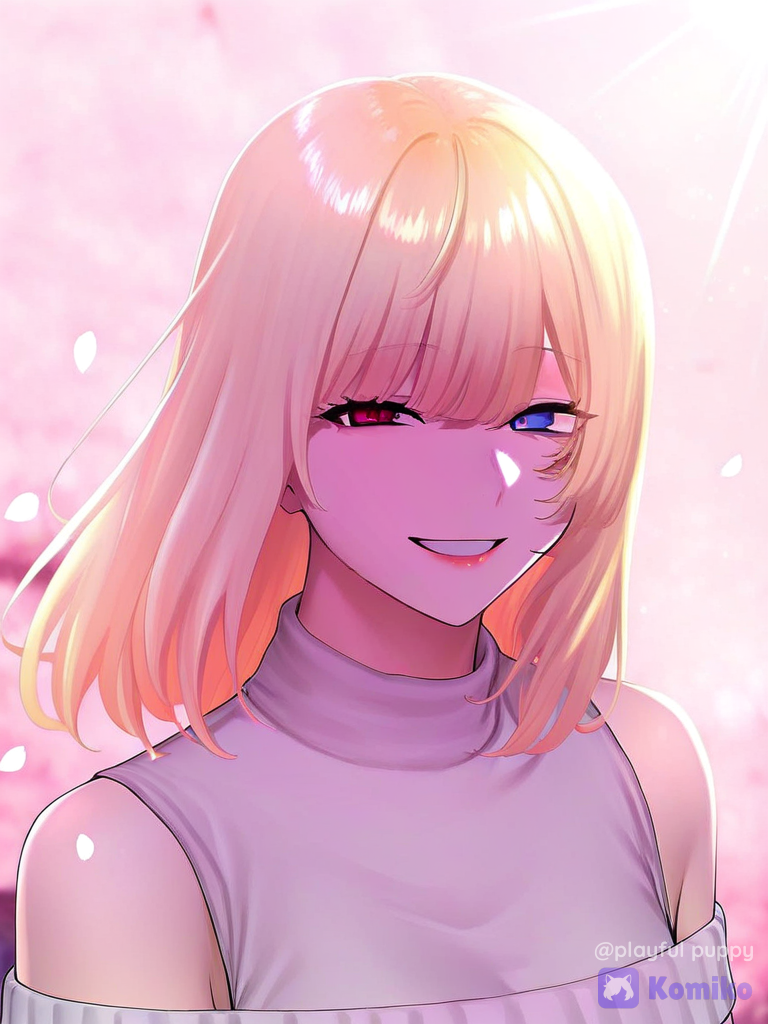 [webtoon-allure-style], 1thai girl, smile left blue eye and right red eye, off-shoulder sweater, portrait, rim light, cherry blossom path, long blonde hair
