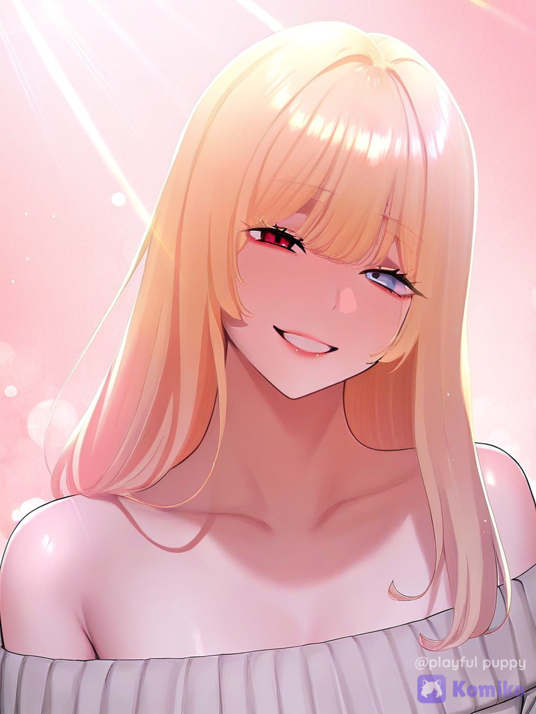 [webtoon-allure-style], 1thai girl, smile left blue eye and right red eye, off-shoulder sweater, portrait, rim light, cherry blossom path, very long blonde hair