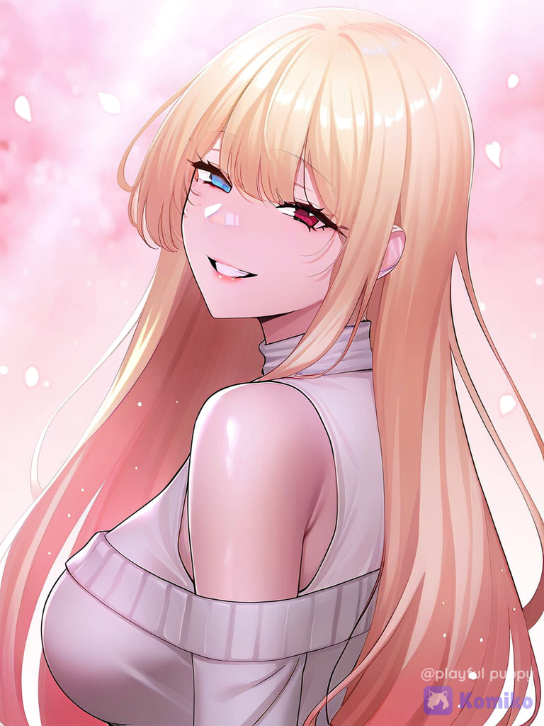 [webtoon-allure-style], 1thai girl, smile left blue eye and right red eye, off-shoulder sweater, portrait, rim light, cherry blossom path, very long blonde hair big chest