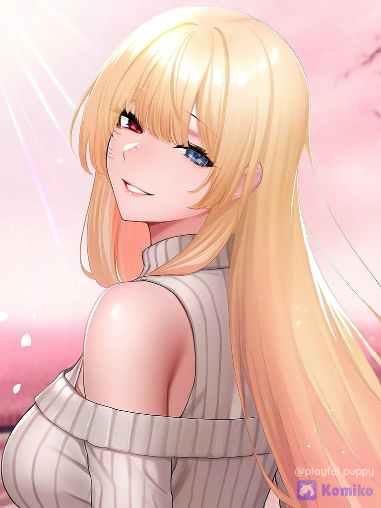 [webtoon-allure-style], 1thai girl, smile left blue eye and right red eye, off-shoulder sweater, portrait, rim light, cherry blossom path, very long blonde hair big chest