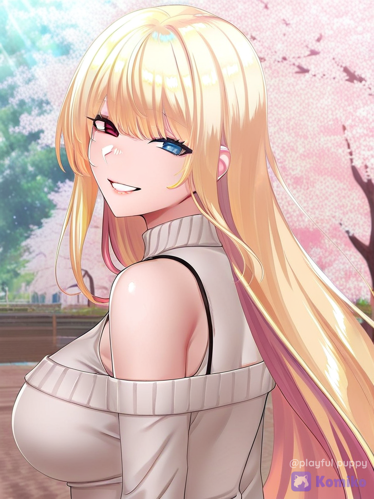 [webtoon-allure-style], 1thai girl, smile left blue eye and right red eye, off-shoulder sweater, portrait, rim light, cherry blossom path, very long blonde hair big chest