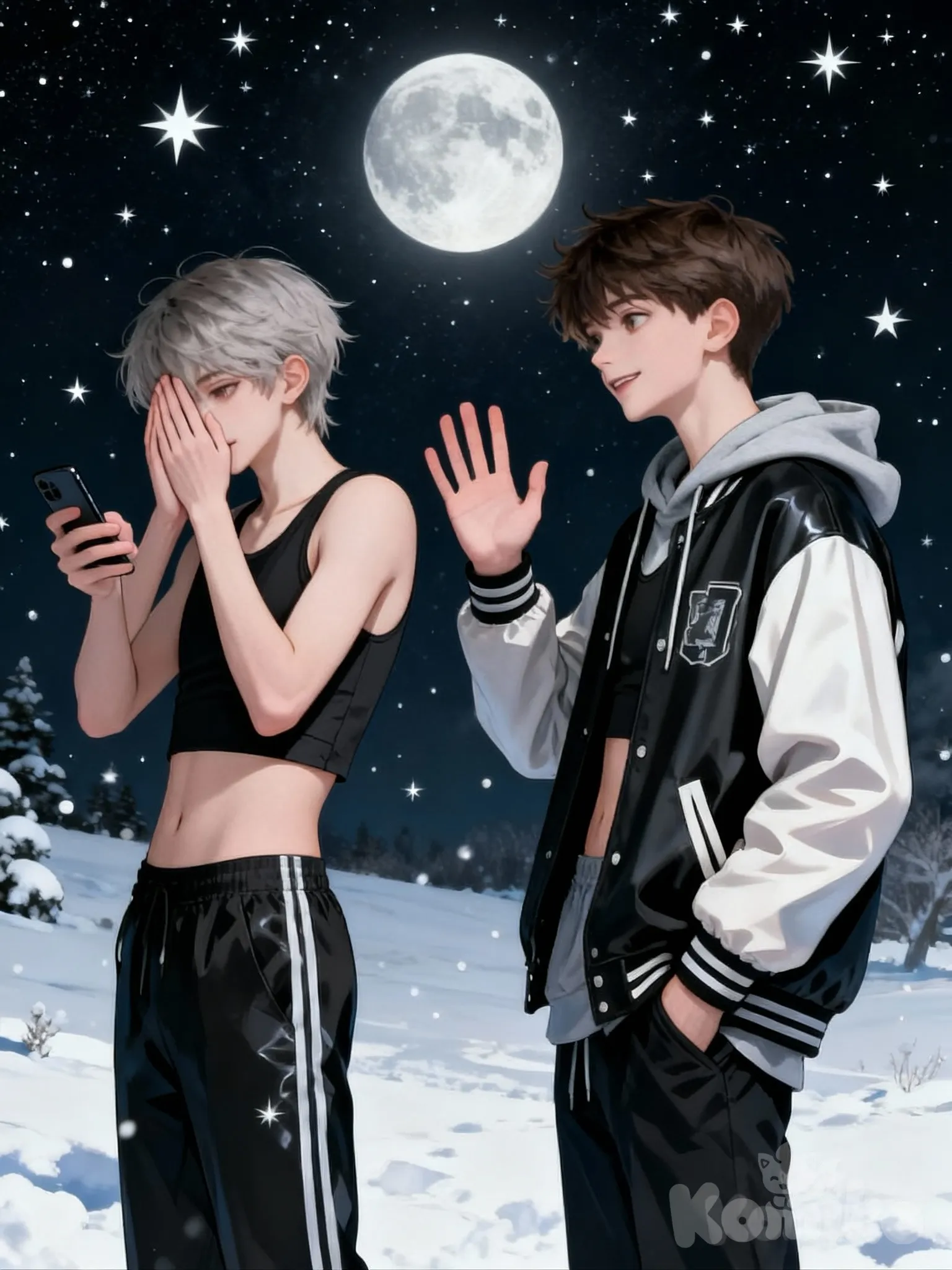 @yumi-Ed6r, @zander-7iFP, 2boys, [high-contrast-glossy-style], hands on own face, looking at phone, hands in pockets, waving, crop top, varsity jacket, hoodie, full body, side profile photo, set, snowy, starry moon, starry sky