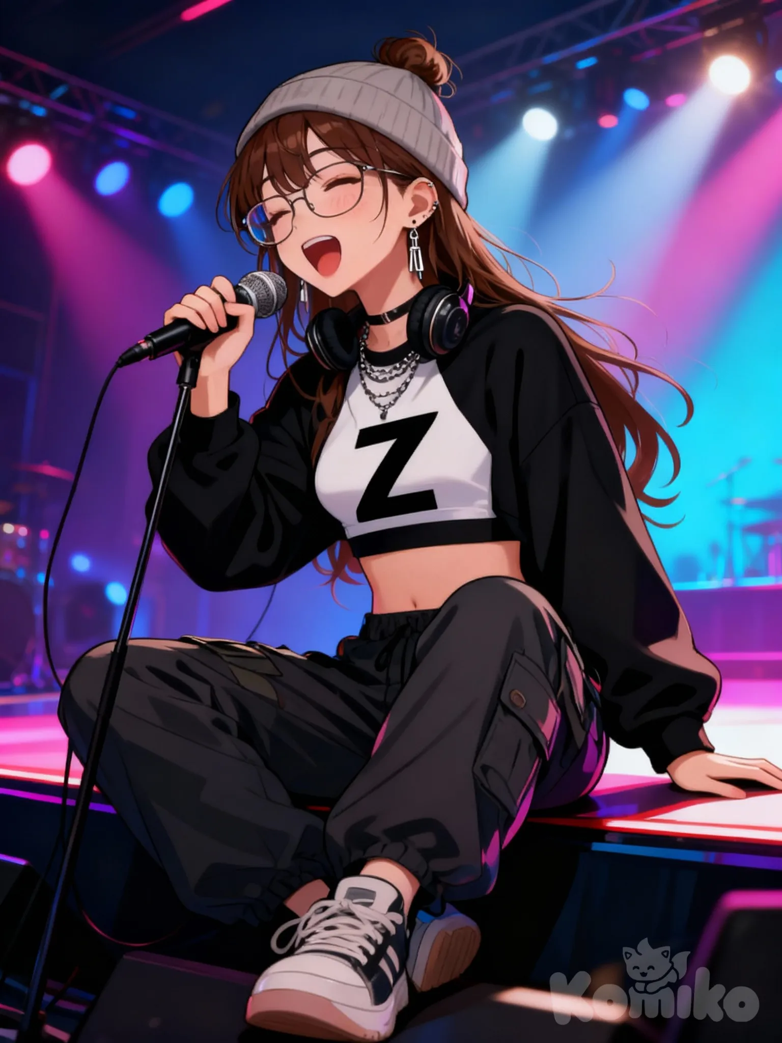 @zeze-UOcA , singing, cargo pants, crop top that has a black decorative z on it with black sweat over top, messy bun, sneakers, beanie, glasses, headphones, earrings, necklace, sitting on stage, stage