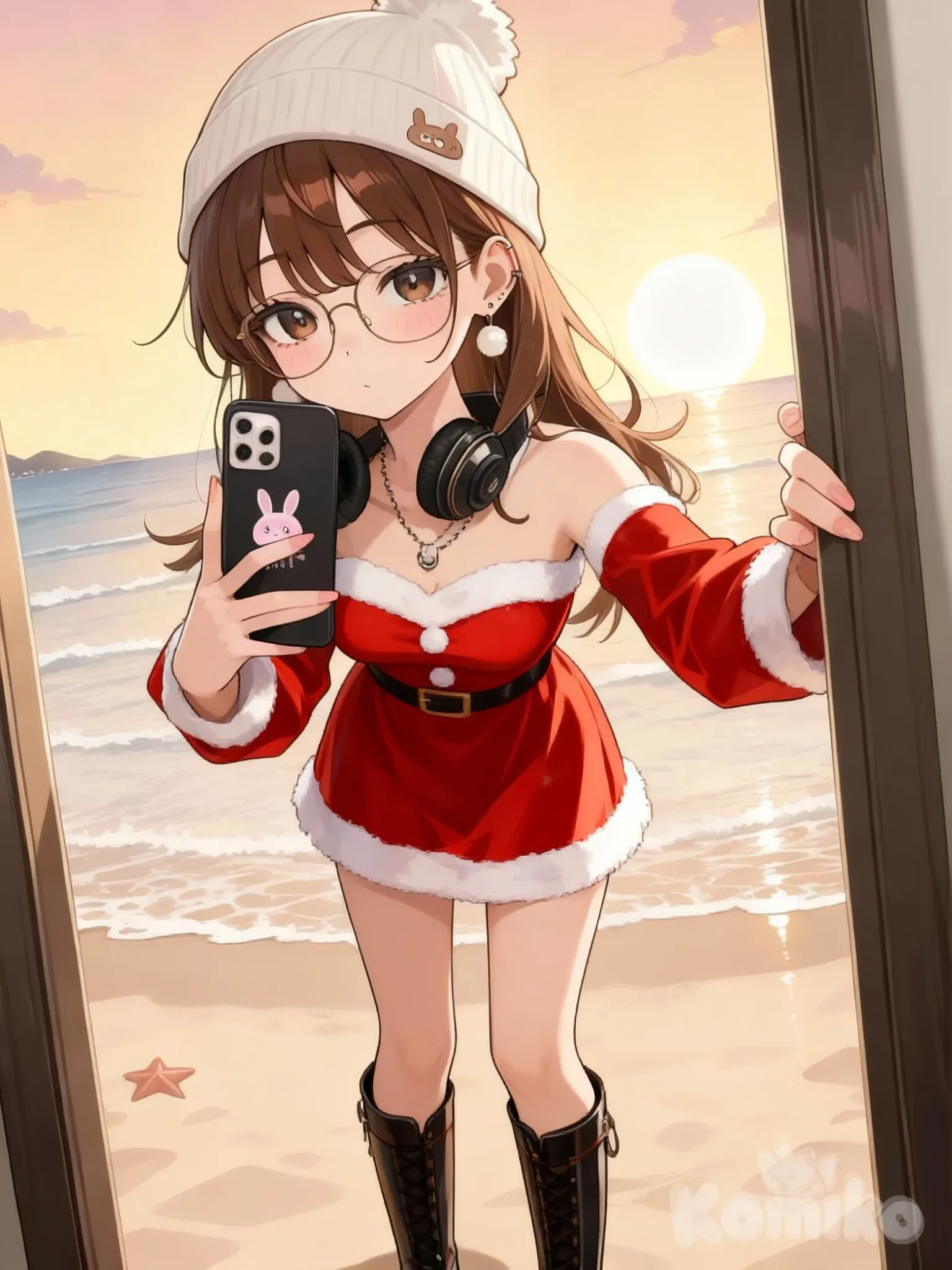 @zeze-UOcA, selfie, little santa dress, beanie, glasses, necklace, earrings, high boots, full body