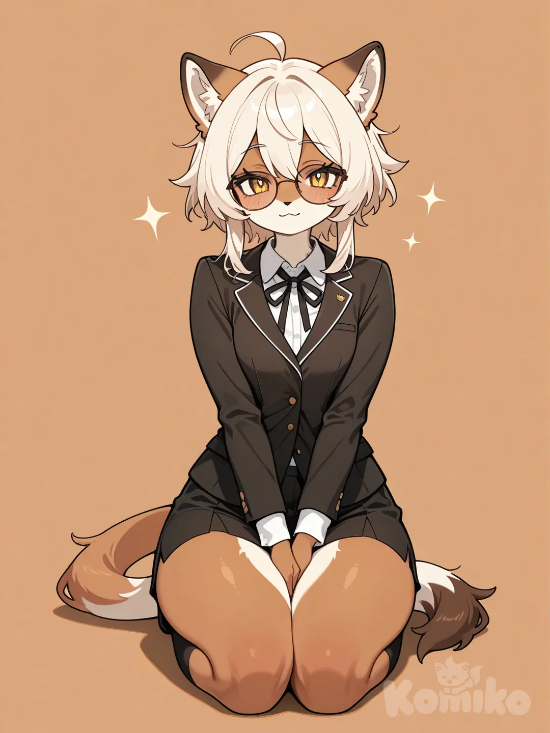 draw an anime furry girl sitting down with big glasses and her hands between her thighs and her thighs shut and she is sitting down on her knees and she is at a 3/4 angle and is facing the viewer