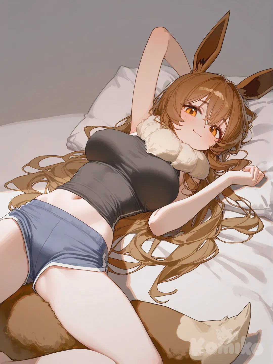 eevee girl, tight crop top and shorts, big boobs, big butt, [lacquered-illustration-style], glossy, pokemon, long hair, front view, feet in frame, laying in back