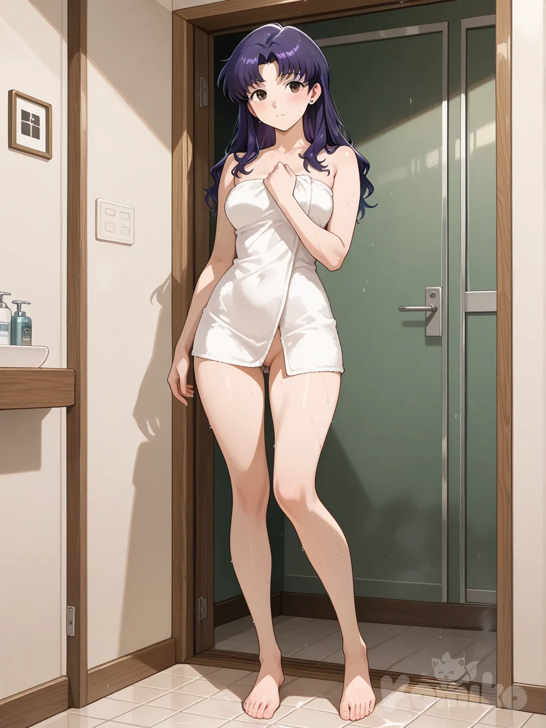 @Katsuragi_Misato , full body, looking at viewer enseña pies piernas vagina en toalla parada