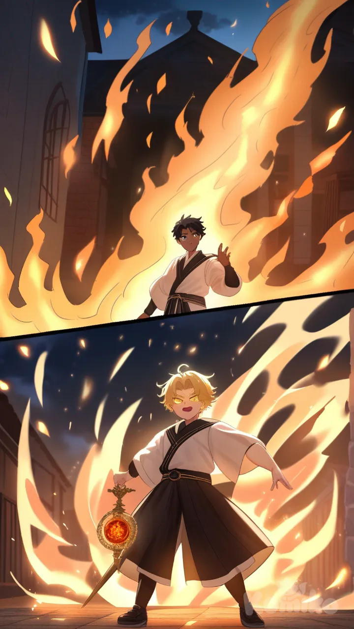 MagicSchoolChallenge, The black-haired anime boy points his wand forward, summoning a huge wave of fire. Flames shoot across the courtyard dramatically, lighting up his determined face. The blonde boy dodges lightly, smiling confidently, his hair glowing in the firelight. Dynamic camera angle, sparks and embers flying everywhere.
The blonde anime boy draws a glowing magic circle in the air with his wand. A wave of blue energy and water surges forward, pushing back the fire attack. His expression is calm and confident, golden hair shining against the blue glow. The black-haired boy shields himself from the energy, eyes wide in surprise.
The blonde anime boy draws a glowing magic circle in the air with his wand. A wave of blue energy and water surges forward, pushing back the fire attack. His expression is calm and confident, golden hair shining against the blue glow. The black-haired boy shields himself from the energy, eyes wide in surprise.
Both anime boys unleash their strongest spells at the same time. One fires a massive tornado of fire, the other a giant wave of blue magical energy. The two attacks collide in the middle, creating a blinding explosion of light and wind. Their hair and clothes fly dramatically, aura glowing around them. Epic, powerful, cinematic moment.