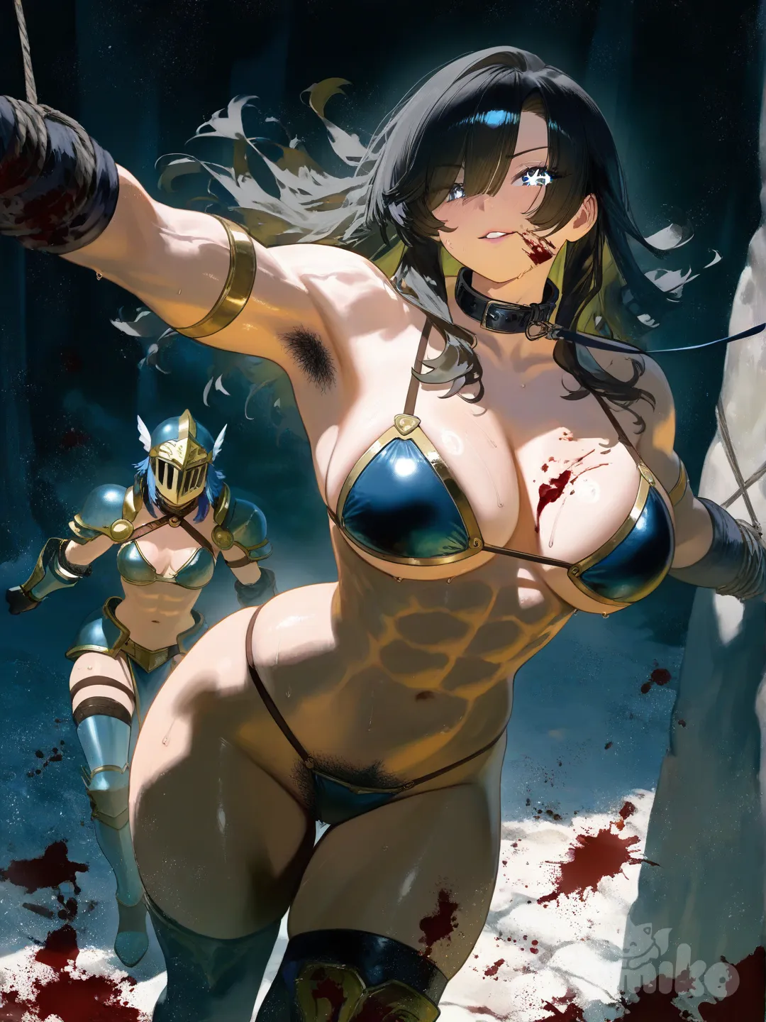 [moody-glow-style] uma guerreira com um capacete que da para ver seus olhos lindos e sua boca gostosa e ela tem uma armadura vulgar, ela é peluda e malhada e esta coberta de sangue, ela esta trazendo uma escrava amarrada e gostosa vindo amarrada