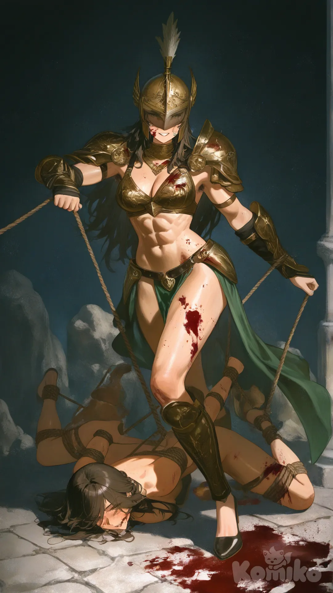 [moody-glow-style] uma guerreira com um capacete que da para ver seus olhos lindos e sua boca gostosa e ela tem uma armadura vulgar, ela é peluda e malhada e esta coberta de sangue, ela esta trazendo uma escrava amarrada e gostosa vindo amarrada