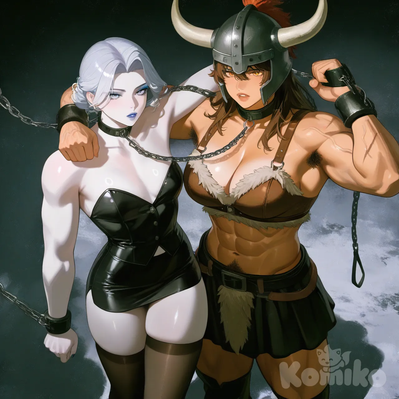 [moody-glow-style] uma guerreira com um capacete que da para ver seus olhos lindos e sua boca gostosa, ela tem um corpo robusto e malhada e peluda, carregando sua escrava branca travesti gostosa e linda, ela tras sua escrava amarrada pelo pescoço