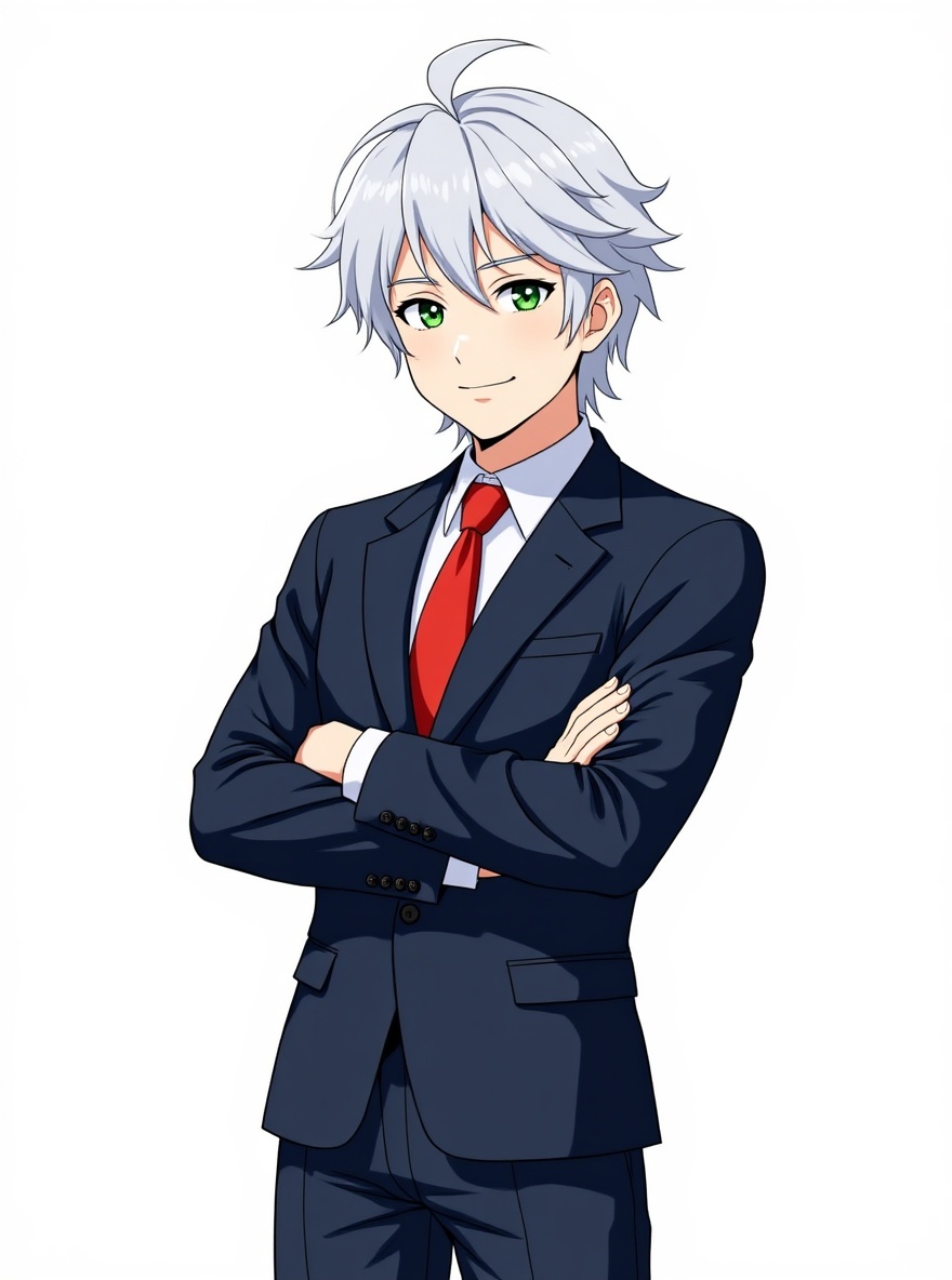 tall, slender, silver_hair, long_hair, green_eyes, pale_skin, freckles, smile, confident_pose, elegant_clothes, single character, full body, looking at viewer, anime style, simple background, white background