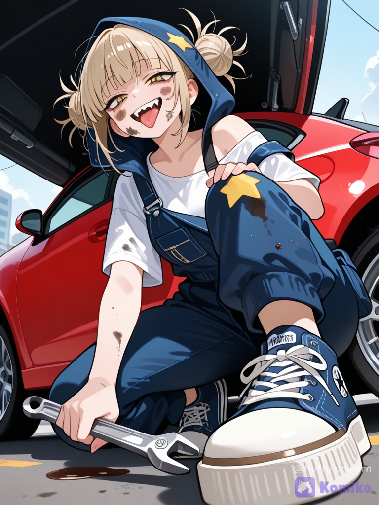 Himiko Toga trabajando de mecánica del automóvil lleva una camiseta blanca u encima un mono de trabajo (mecánico autos) y unas zapatillas deportivas tipo Converse star, en su mano derecha sostiene una llave inglesa, himiko Toga lleva esa ropa algunas manchas de suciedad de trabajar con los motores de los coches. Actitud traviesa, actitud dinámica, pose dinámica, ángulo dinámico, perspectiva, un tirante del mono de trabajo está bajado del hombro. Un poco despeinada por el trabajo, coche con el capó levantado exponiendo su motor muy usado.