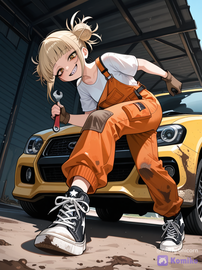 Himiko Toga trabajando de mecánica del automóvil lleva una camiseta blanca u encima un mono de trabajo (mecánico autos) y unas zapatillas deportivas tipo Converse star, en su mano derecha sostiene una llave inglesa, himiko Toga lleva esa ropa algunas manchas de suciedad de trabajar con los motores de los coches. Actitud traviesa, actitud dinámica, pose dinámica, ángulo dinámico, perspectiva, un tirante del mono de trabajo está bajado del hombro. Un poco despeinada por el trabajo, coche con el capó levantado exponiendo su motor muy usado.