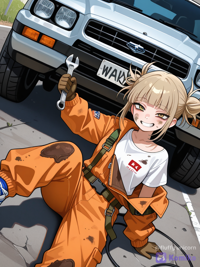 Himiko Toga trabajando de mecánica del automóvil, vehículo con el capó levantado mostrando su motor, himiko Toga lleva una camiseta blanca u encima un mono de trabajo (mecánico autos) y unas zapatillas deportivas tipo Converse star, en su mano derecha sostiene una llave inglesa, himiko Toga lleva esa ropa algunas manchas de suciedad de trabajar con los motores de los coches. Actitud traviesa, actitud dinámica, pose dinámica, ángulo dinámico, perspectiva, un tirante del mono de trabajo está bajado del hombro. Un poco despeinada por el trabajo, coche con el capó levantado exponiendo su motor muy usado.
