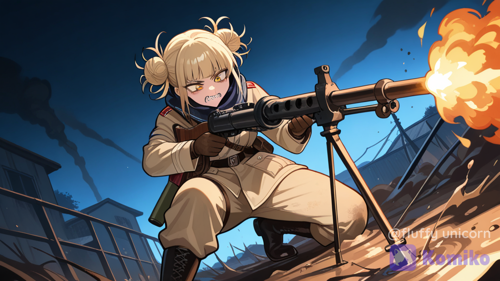 Himiko Toga está en el frente de combate abatiendo criaturas diabólicas de la noche, lleva puesto uniforme de soldado primera guerra mundial, se encuentra en una trinchera llena de barro y charcos, HIMIKO TOGA está utilizando una brutal ametralladora antigua pero muy eficaz disparando munición de gran calibre. La expresión de Himiko Toga es de rabia con los dientes apretados y el ceño fruncido por la ira. Escena con ángulo dinámico, perspectiva dinámica natural y espontánea, detalles medianamente intrincados, focos de fuego lejanos en la escena, iluminación volumétrica, Raytracing, definición 8K, diseño coherente, octane, postapocalísmo, trabajo profesional de estudio gráfico.