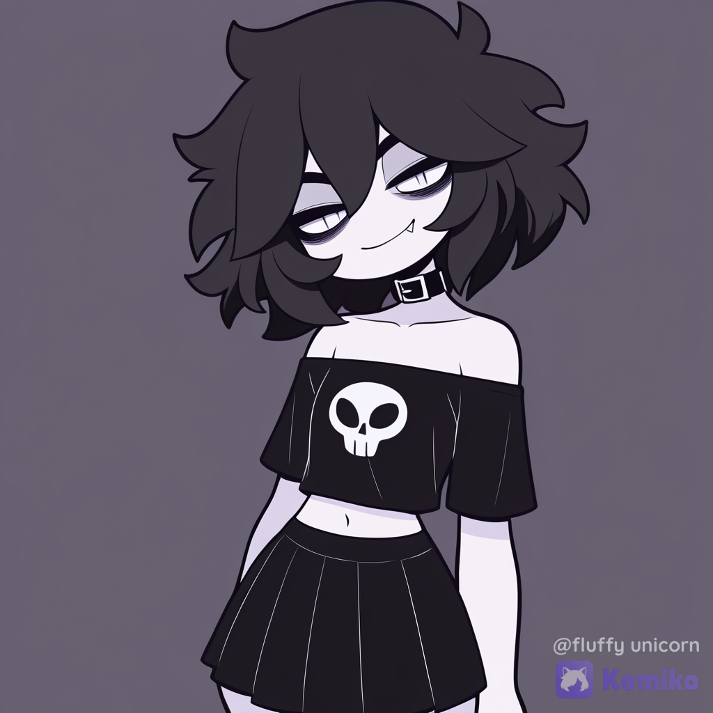 Himno Toga, short hair, fluffy hair, hair between eyes, streaked hair, slit pupils, fang, spiked teeth, navel, exposed navel, flat chest, thick thighs, wide chest, left-handed, (black t-shirt, cropped t-shirt, off-shoulder t-shirt, skull print, black skirt, pleated skirt, medium skirt, lowleg skirt), black collar, light smile, half-closed eyes, looking at viewer, [pop-toon-style], facing viewer, v-fingers, no lineart, Himiko Toga.