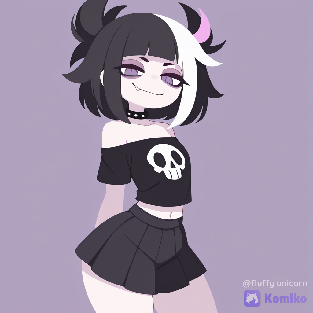 Himno Toga, streaked hair, slit pupils, fang, spiked teeth, navel, exposed navel, flat chest, thick thighs, wide chest, left-handed, (black t-shirt, cropped t-shirt, off-shoulder t-shirt, skull print, black skirt, pleated skirt, medium skirt, lowleg skirt), black collar, light smile, half-closed eyes, looking at viewer, [pop-toon-style], facing viewer, v-fingers, no lineart, Himiko Toga.