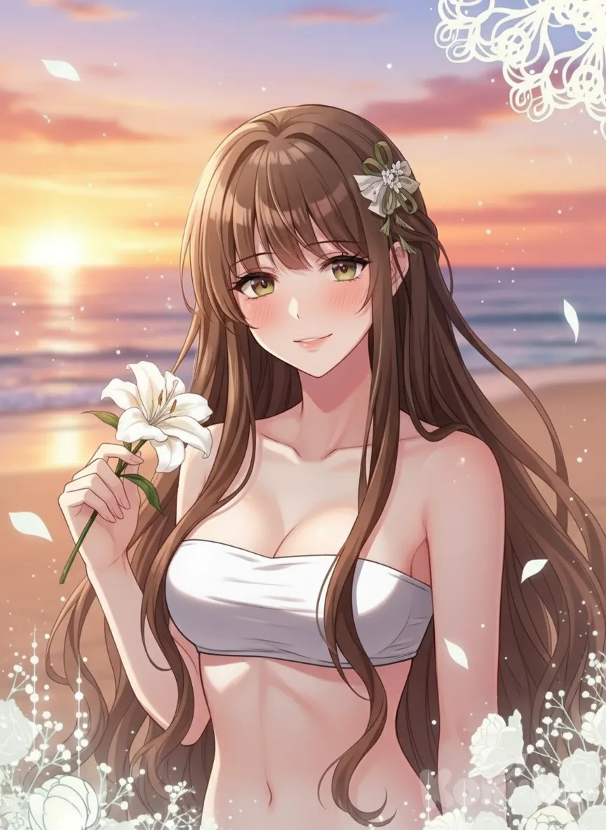 smile, white bikini, holding White flower, beach, sunset, blush, upper body, white skin, close mouth