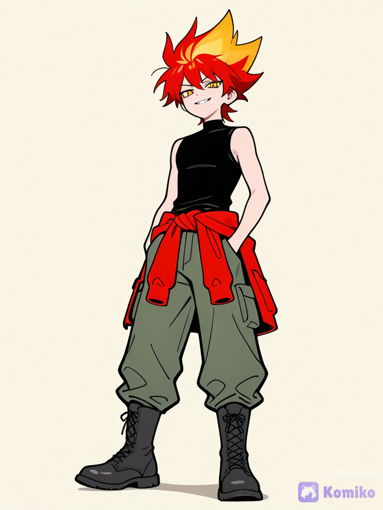 1boy, solo, full body, flat color, sleeveless shirt, black shirt, hands in pocket, smug expression, low angle, pale yellow background, jacket tied around waist, red jacket, cargo pants, pale green pants, black boots, lace-up boots, rough anime sketch style, loose hand-drawn lineart, flat color, muted multi-shaded gray and blue colors, minimal shading, 1boy, @bortexs-nkyL, standing, upright