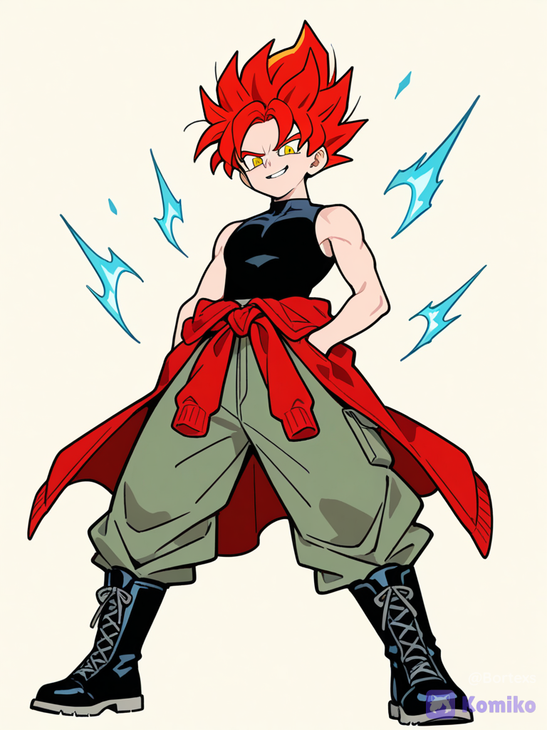 1boy, solo, full body, flat color, sleeveless shirt, black shirt, hands in pocket, smug expression, low angle, pale yellow background, jacket tied around waist, red jacket, jacket over the other cloth, cargo pants, pale green pants, black boots, lace-up boots, sketch style, rough anime sketch style, loose hand-drawn lineart, muted multi-shaded gray and blue colors, minimal shading, standing, upright, puffing out chest with pride, fire form hair, two yellow hair bangs, extra simple clothes, spiky hair, high hair, shonen hair, super saiyayin style hair, red hair, golden eyes, sharp eyes, confident
