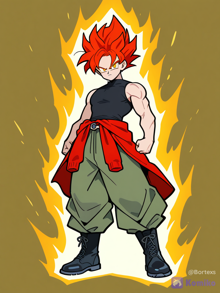 1boy, solo, full body, flat color, over size shirt, sleeveless shirt, black shirt, dropped shoulders, angry expression, low angle, pale yellow background, jacket tied around waist, red jacket, jacket over the other cloth, cargo pants, pale green pants, black boots, lace-up boots, sketch style, rough anime sketch style, loose hand-drawn lineart, muted multi-shaded gray and blue colors, minimal shading, standing, upright, fire form hair, two yellow hair bangs, extra simple clothes, spiky hair, high hair, shonen hair, super saiyayin style hair, red hair, golden eyes, sharp eyes, confident