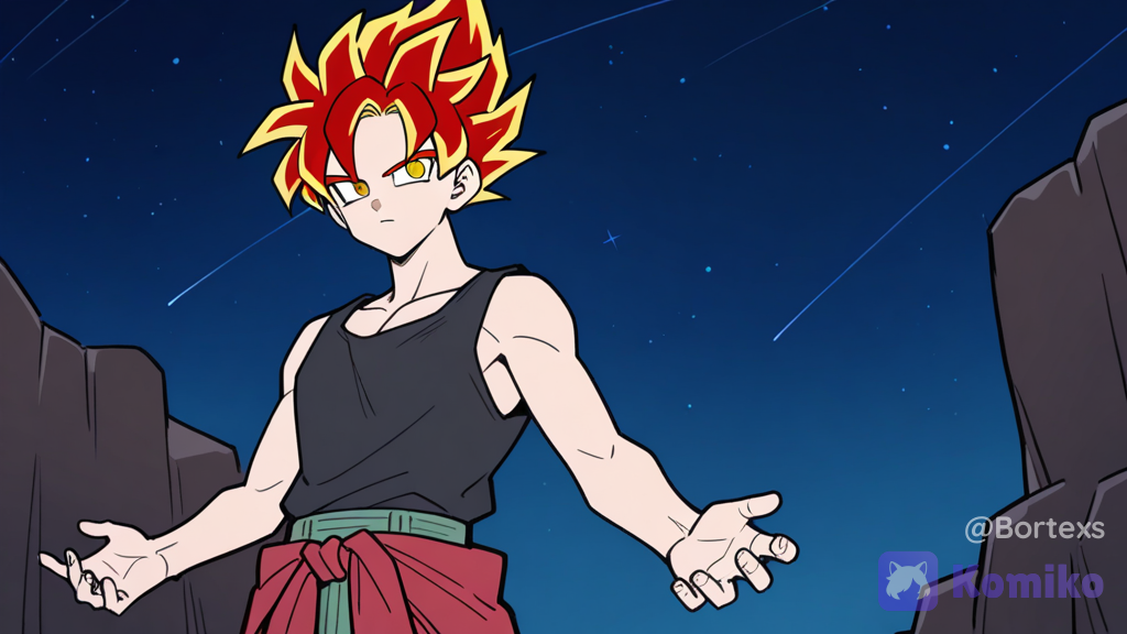 Oc, 1boy, solo, upper body, flat color, sleeveless shirt, black shirt, open arms, expressionless, jacket tied around waist, red jacket, jacket over the other cloth, cargo pants, pale green pants, sketch style, rough anime sketch style, loose hand-drawn lineart, muted multi-shaded gray and blue colors, minimal shading, standing, upright, puffing out chest with pride, fire form hair, two yellow hair bangs, extra simple clothes, spiky hair, high hair, shonen hair, super saiyayin style hair, red hair, golden eyes, sharp eyes, confident, night, star (sky), @bortexs-nkyL