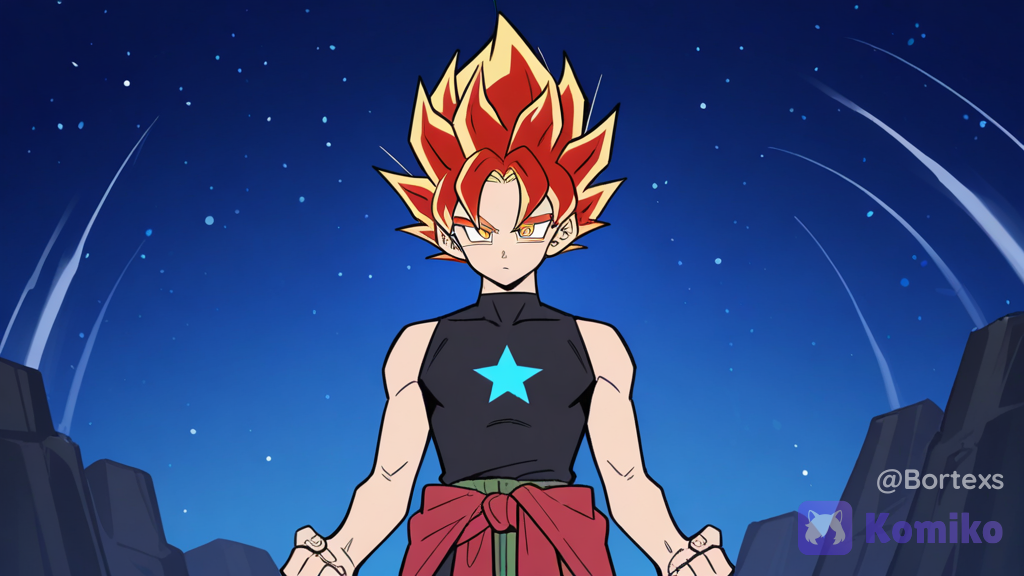 Oc, 1boy, solo, upper body, flat color, sleeveless shirt, black shirt, open arms, expressionless, jacket tied around waist, red jacket, jacket over the other cloth, cargo pants, pale green pants, sketch style, rough anime sketch style, loose hand-drawn lineart, muted multi-shaded gray and blue colors, minimal shading, standing, upright, puffing out chest with pride, fire form hair, two yellow hair bangs, extra simple clothes, spiky hair, high hair, shonen hair, super saiyayin style hair, red hair, golden eyes, sharp eyes, confident, night, star (sky), @bortexs-nkyL