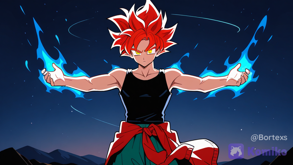 Oc, 1boy, solo, upper body, flat color, sleeveless shirt, black shirt, open arms, expressionless, jacket tied around waist, red jacket, jacket over the other cloth, cargo pants, pale green pants, sketch style, rough anime sketch style, backlighting, glowing eyes, loose hand-drawn lineart, muted multi-shaded gray and blue colors, minimal shading, standing, upright, puffing out chest with pride, fire form hair, extra simple clothes, spiky hair, high hair, shonen hair, super saiyayin style hair, red hair, golden eyes, sharp eyes, confident, night, star (sky), @bortexs-nkyL
