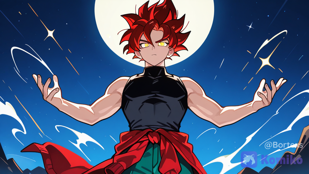 Oc, 1boy, solo, upper body, flat color, sleeveless shirt, black shirt, open arms, expressionless, jacket tied around waist, red jacket, jacket over the other cloth, cargo pants, pale green pants, sketch style, rough anime sketch style, backlighting, glowing eyes, loose hand-drawn lineart, muted multi-shaded gray and blue colors, minimal shading, standing, upright, puffing out chest with pride, fire form hair, extra simple clothes, spiky hair, high hair, shonen hair, super saiyayin style hair, red hair, golden eyes, sharp eyes, confident, night, star (sky), @bortexs-nkyL