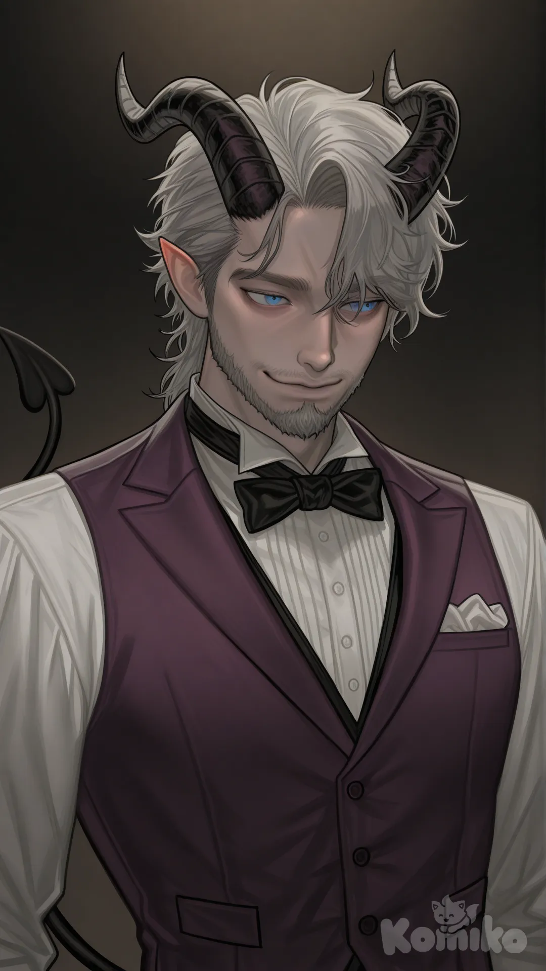 An incredibly handsome tiefling man, with European skin tone, blue eyes, gray hair, a balbo beard, of advanced age, wearing an expensive, aristocratic, purple 19th-century suit., portrait, [digital-painterly-style], looking away, upper body, ambient light, evil , evil smile, medium long shot, full body