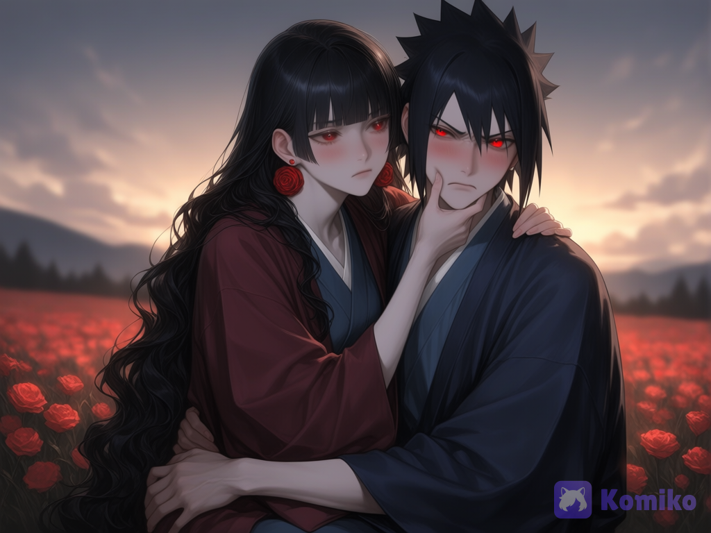 @meeyuna-8t84 sitting on lap uchiha sasuke, sasuke blush and frown, hugging her and, face pinching, upper body, depth of field, twilight, golden hour, window light, flower field, [silky-radiance-style]
