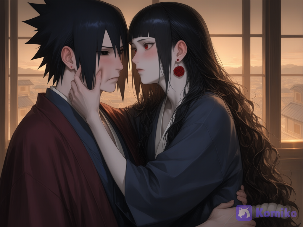 @meeyuna-8t84 sitting on lap uchiha sasuke, sasuke blush and frown, hugging her and, face pinching her, upper body, depth of twilight, golden hour, window light, [silky-radiance-style], village